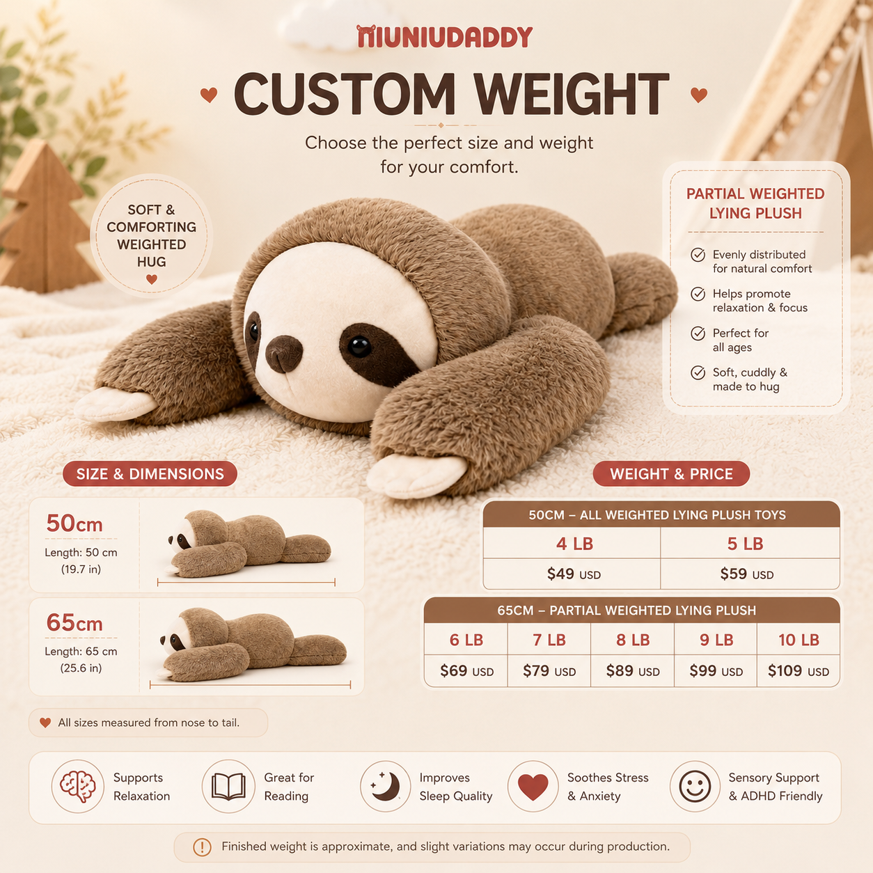 Niuniudaddy® Custom-Weight Lying Plush – Sensory Cuddle Companion