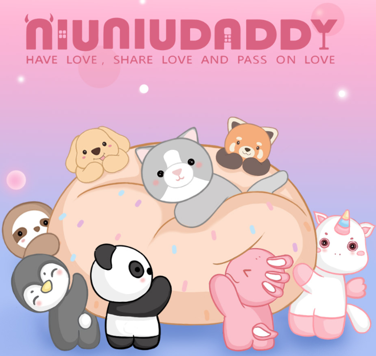A pastel illustrated scene featuring a large tan donut with colorful sprinkles and several cute animal plush characters around it, including a panda, penguin, sloth, gray cat, red panda, pink bear, and unicorn. The background is a pink-to-blue gradient with the text 'uniudaddy' and 'HAVE LOVE, SHARE LOVE AND PASS ON LOVE' at the top.