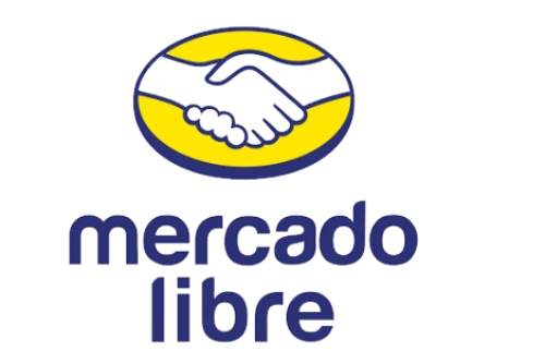 Mercado Libre logo featuring a yellow and blue oval with a white handshake icon above the dark blue text 'mercado libre' on a white background.